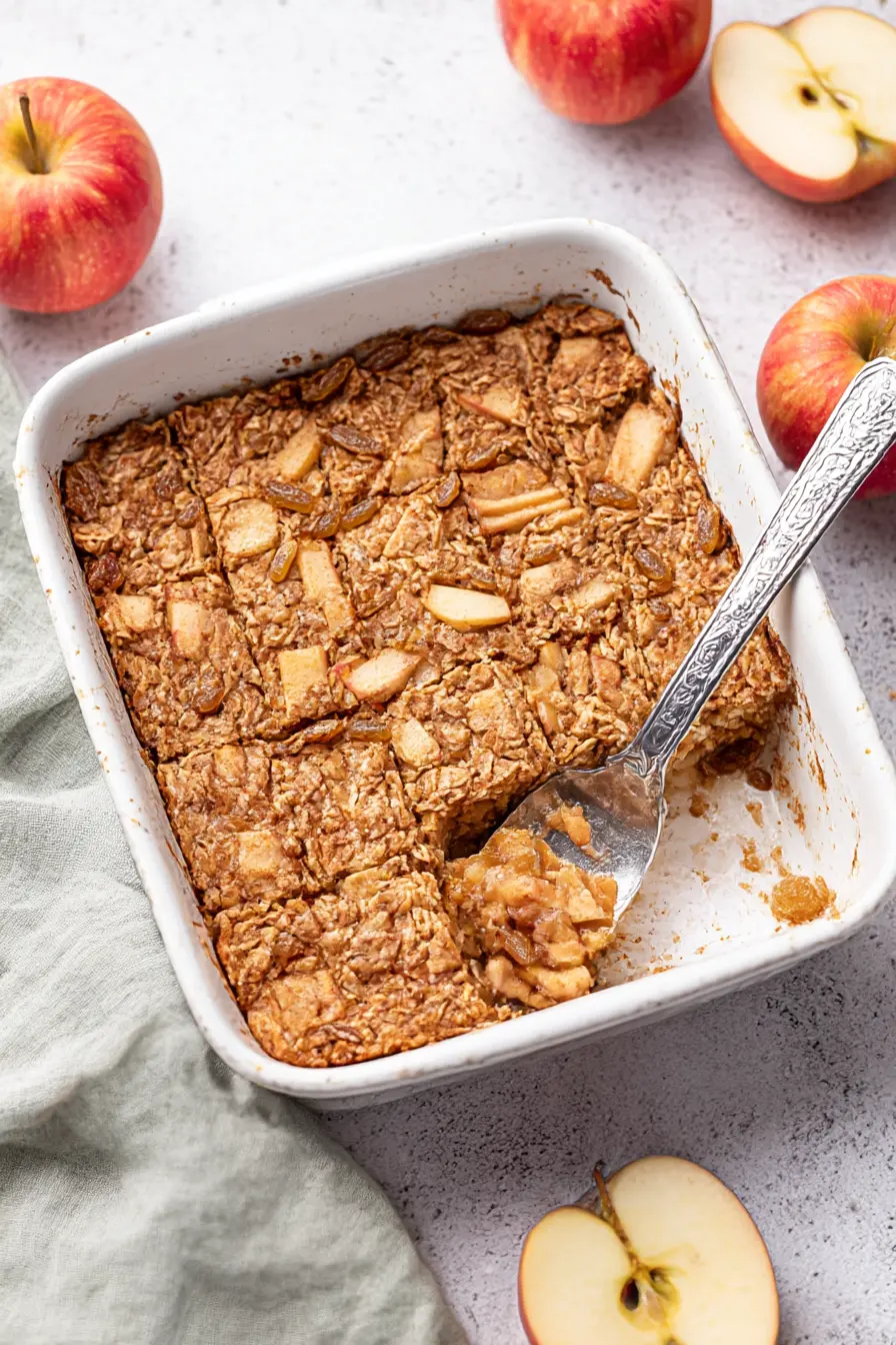 Oatmeal apple breakfast bake in a white dish with golden crispy top, served with a silver spatula and fresh apples
