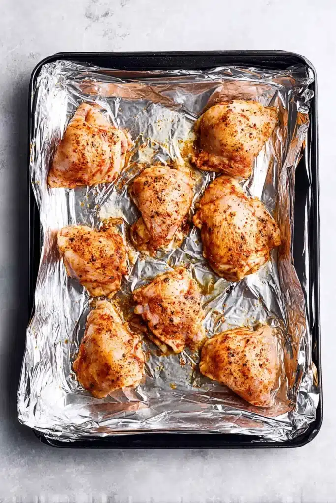 Oven Baked Chicken Thighs (Ultimate Guide) 10 Raw seasoned chicken thighs arranged on a foil-lined baking tray, ready for the oven.