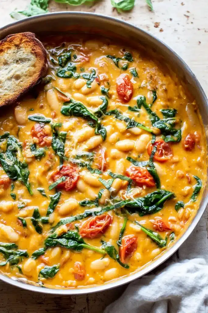 Overhead view of creamy tomato white bean stew with wilted greens and basil in a shallow pan