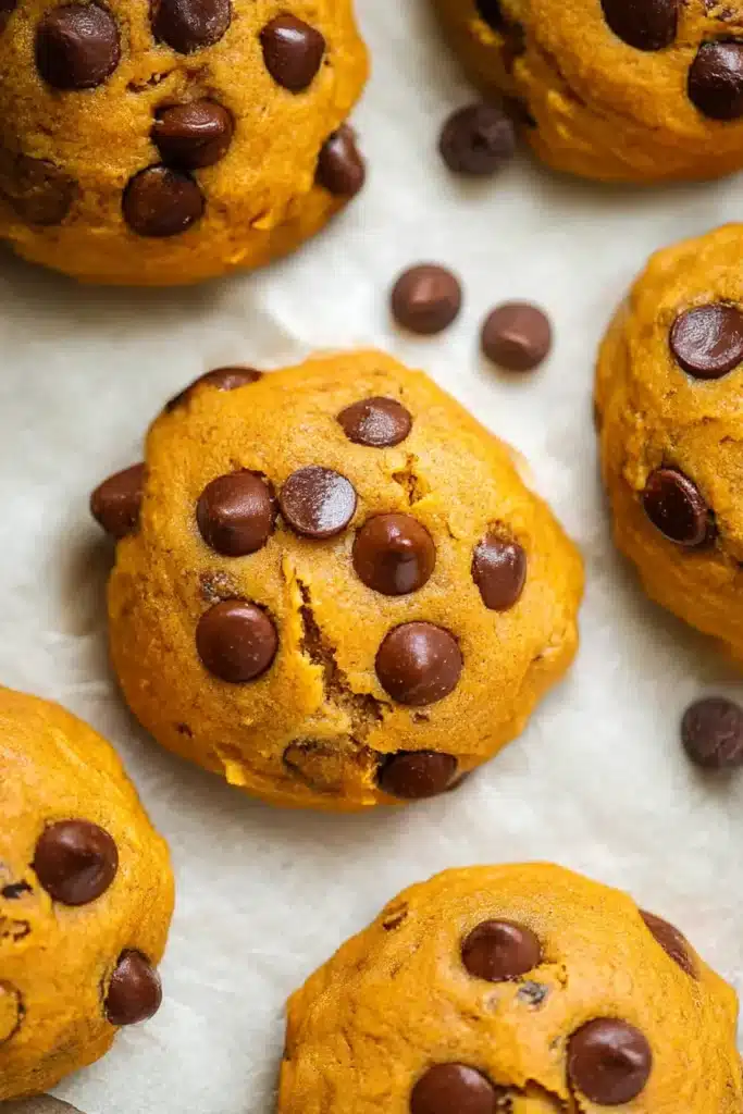Classic Pumpkin Chocolate Chip Cookies | Amazing Fall Treat 8 Top-down view of classic pumpkin chocolate chip cookies on parchment paper, soft and cakey with glossy chocolate chips