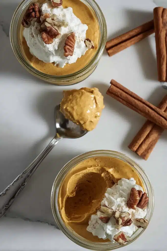 Pumpkin Fluff – Light, Easy & Delicious 9 Top-down shot of pumpkin fluff in glass jars with whipped cream and pecan topping on a marble surface