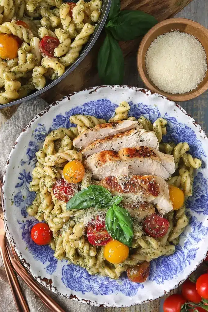 Easy Chicken Pesto Pasta 6 Overhead view of Easy Chicken Pesto Pasta served in a blue floral bowl with seared chicken, cherry tomatoes, Parmesan, basil, and rustic serving elements.