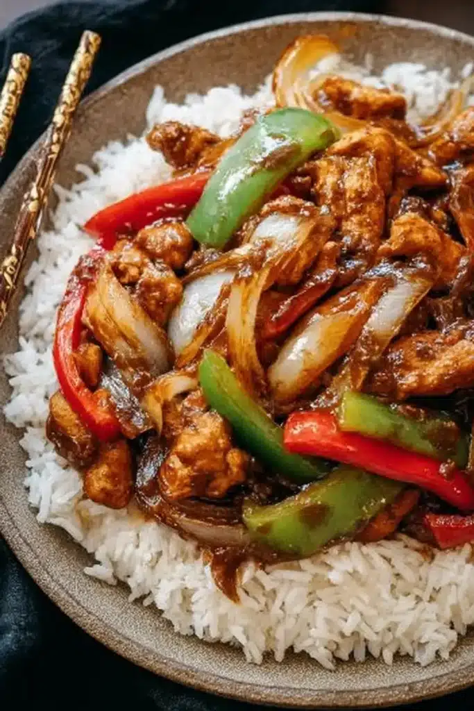 Black Pepper Chicken | Quick, Better Than Takeout Flavor 9 Black pepper chicken stir-fry served over white rice in a rustic bowl