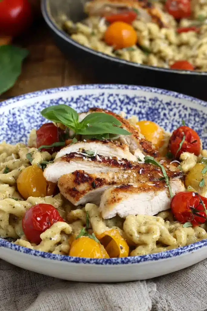 Plated chicken pesto pasta in a blue and white floral bowl with seared chicken, creamy pesto sauce, cherry tomatoes, and fresh basil on a rustic tabletop.