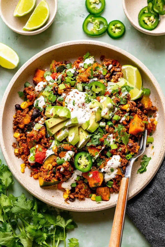 Plated Ground Beef and Zucchini Skillet with Avocado