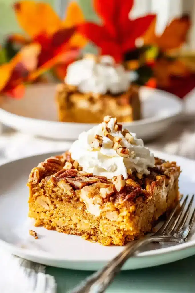 Pumpkin Crunch Cake | Easy Fall Favorite Dessert 10 Slice of pumpkin crunch cake topped with whipped cream and chopped nuts on a white plate