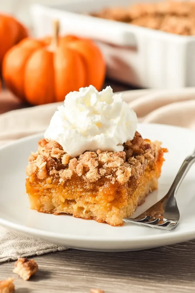 Pumpkin Dump Cake Recipe Article 8 Slice of pumpkin dump cake on a white plate with whipped cream and a fork, rustic autumn background