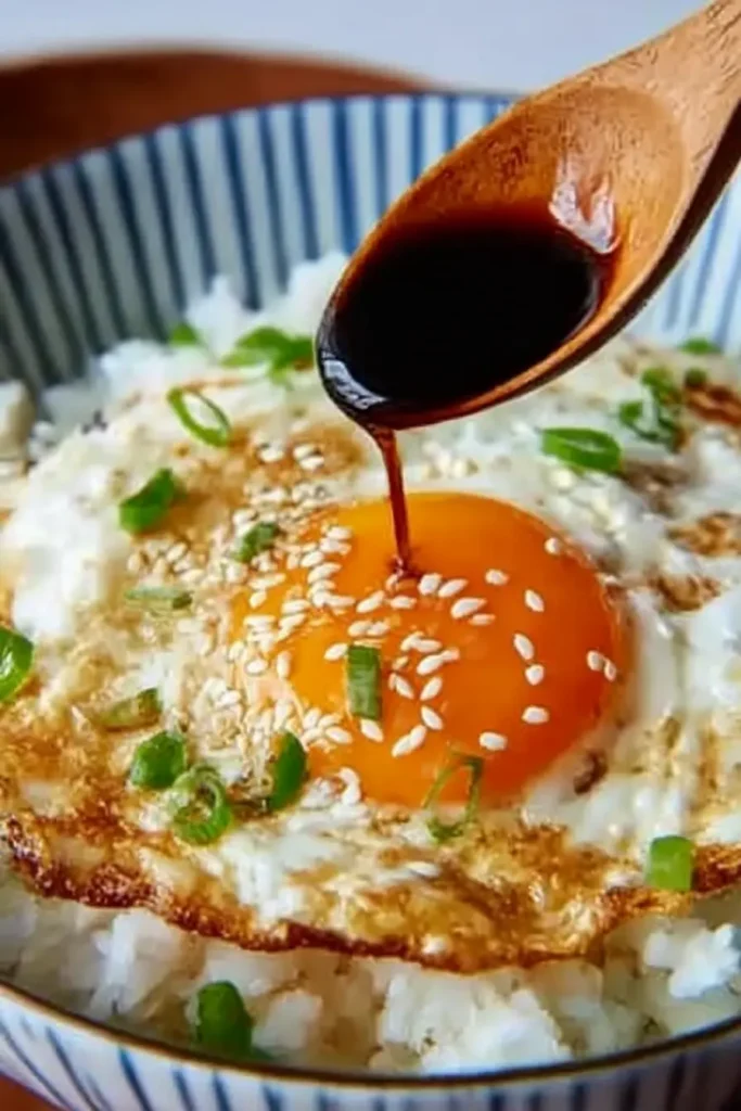 Easy Korean Egg Rice – Quick & Comforting Meal 14 Easy Korean Egg Rice with soy sauce being poured over crispy egg