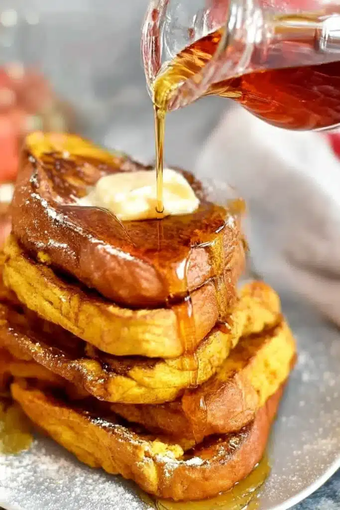 Maple syrup being poured over pumpkin French toast with melting butter


