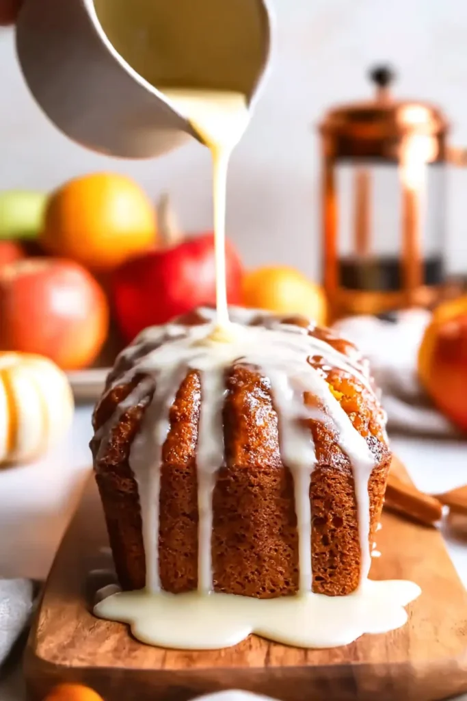 Vanilla glaze being poured over Amish Apple Fritter Bread on a wooden board with apples and pumpkins in the background.