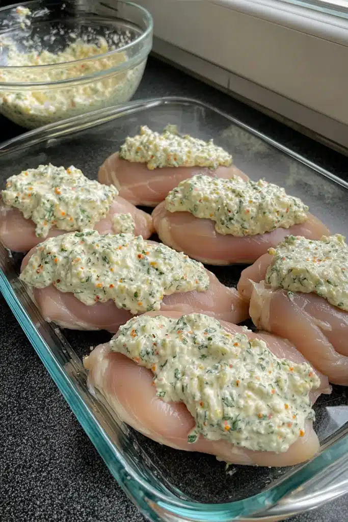 Your mouth chicken breast prep with creamy herb topping before baking in a glass dish