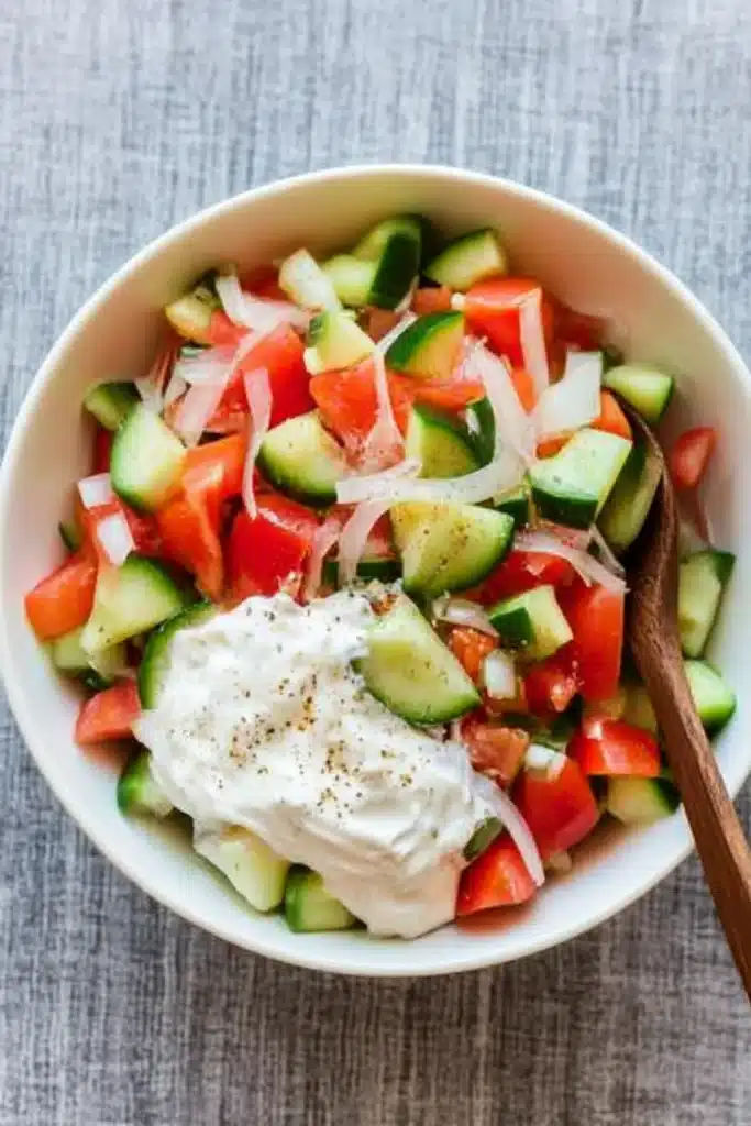 Top-down view of fresh cucumber tomato onion salad with sour cream dressing and wooden spoon