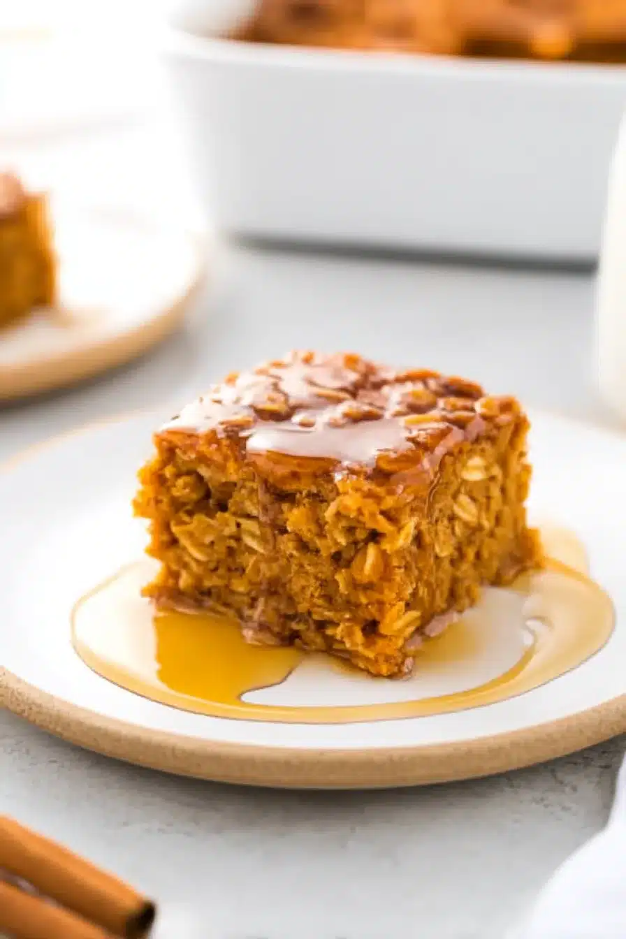 Close-up of moist pumpkin baked oatmeal slice drizzled with syrup on ceramic plate, with rustic cozy background