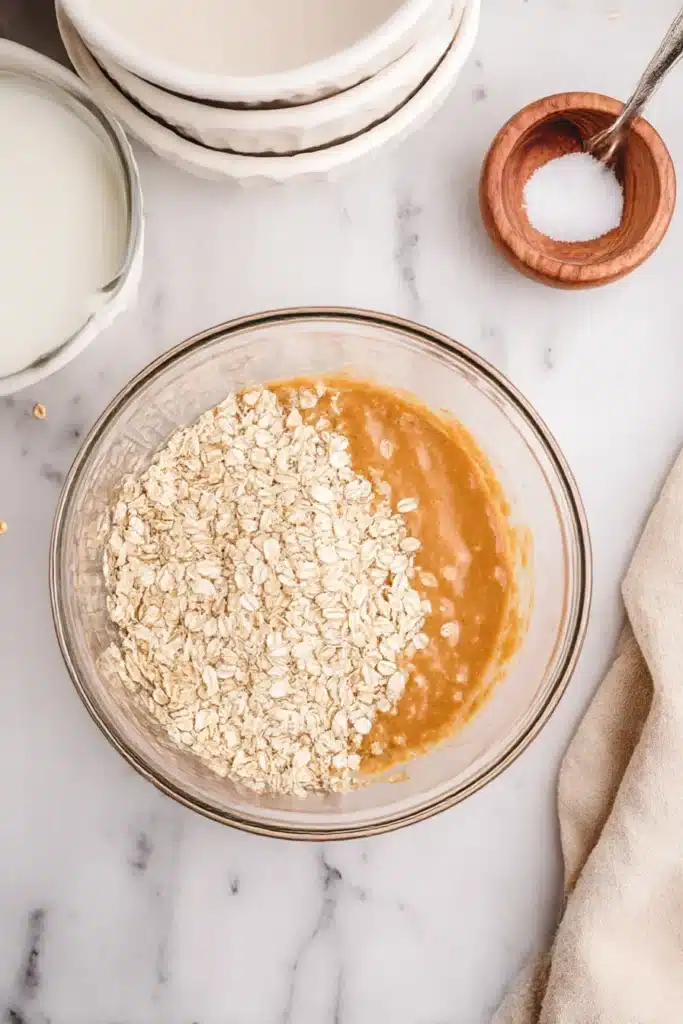 Pumpkin Baked Oatmeal 11 Glass bowl filled with pumpkin batter and oats ready to mix, on rustic stone kitchen surface