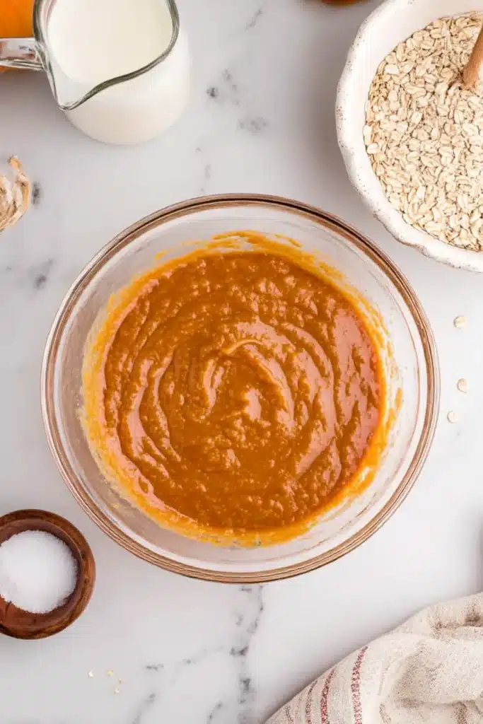 Pumpkin Baked Oatmeal 10 Smooth pumpkin puree batter in glass bowl surrounded by oats and milk on rustic stone surface