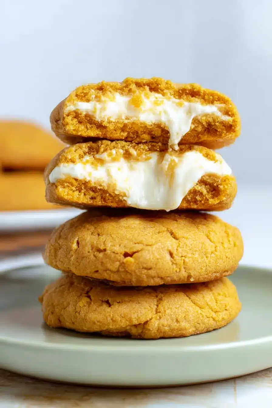 Stack of soft pumpkin cheesecake cookies with creamy filling on sage plates