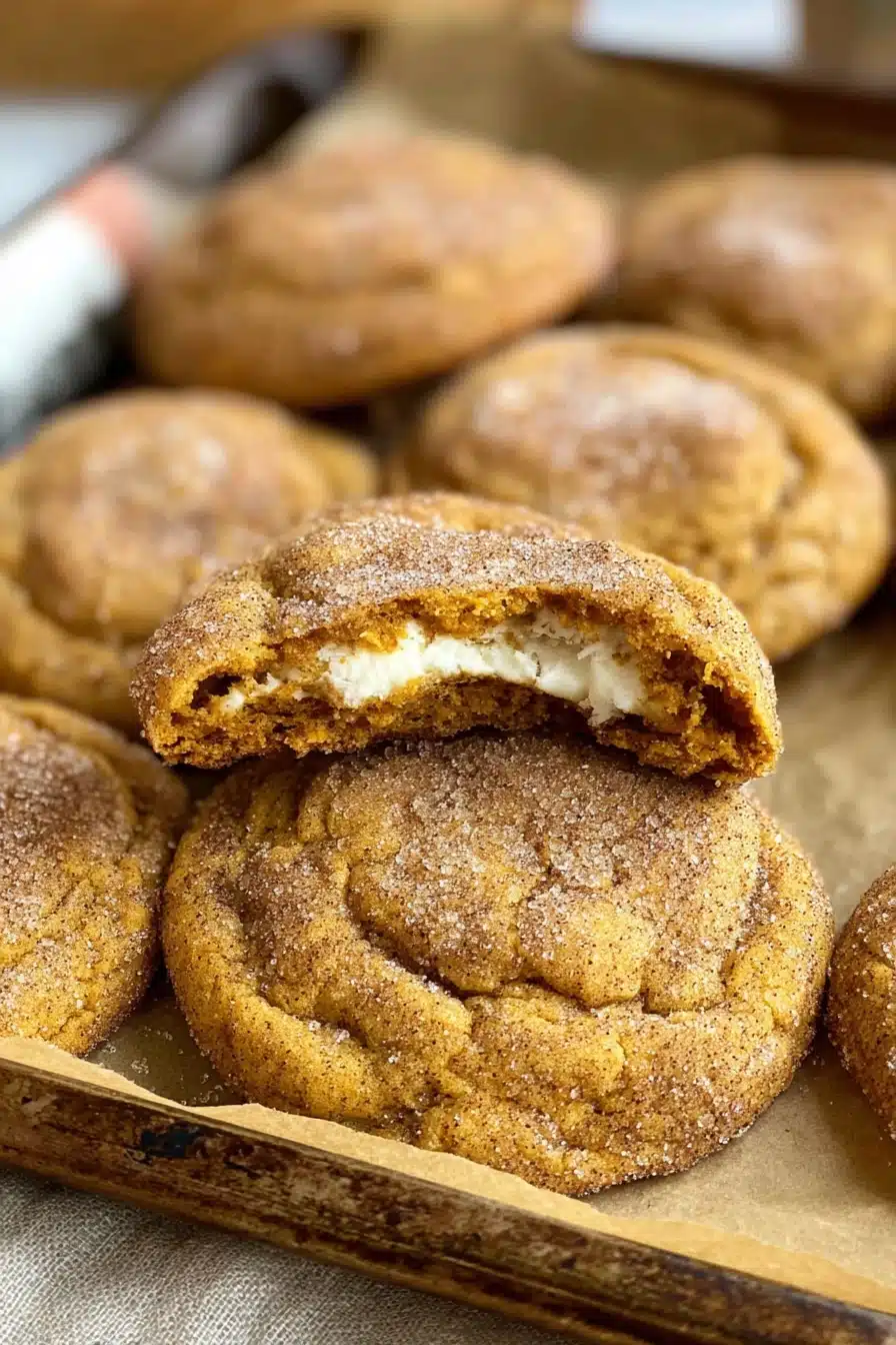 Close-up of pumpkin cheesecake snickerdoodles with a soft, creamy center on a parchment-lined tray