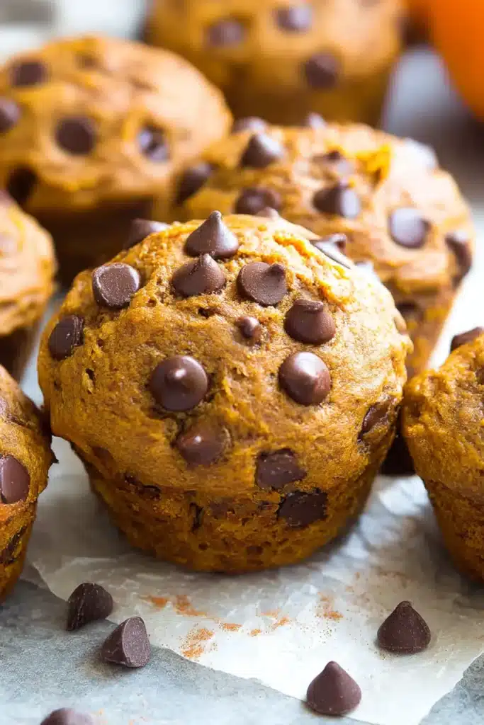 Close-up of moist pumpkin chocolate chip muffin topped with melted chocolate chips on parchment paper.