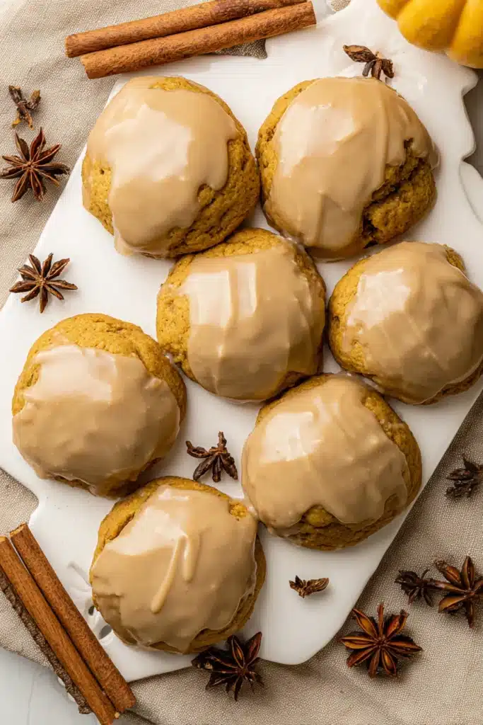 Pumpkin Cookies with Maple Glaze | Simple & Delicious 7 Top-down view of soft pumpkin cookies with maple glaze arranged on a ceramic tray with fall spices.