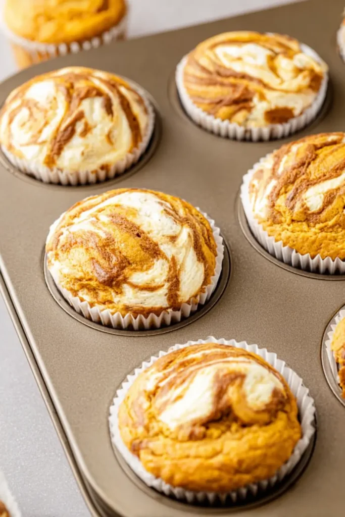 Pumpkin Cream Cheese Swirl Muffins 7 Freshly baked pumpkin cream cheese swirl muffins in metal muffin pan