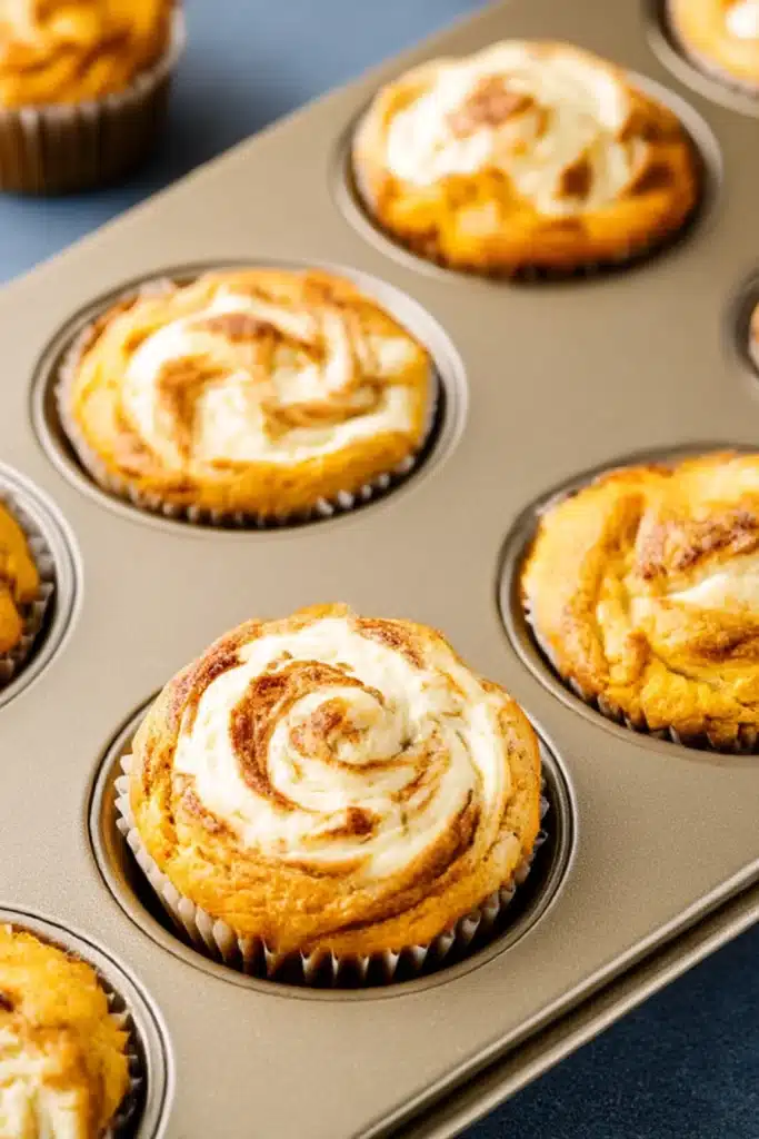 Freshly baked pumpkin cream cheese muffins with golden tops in a muffin tin on slate surface

