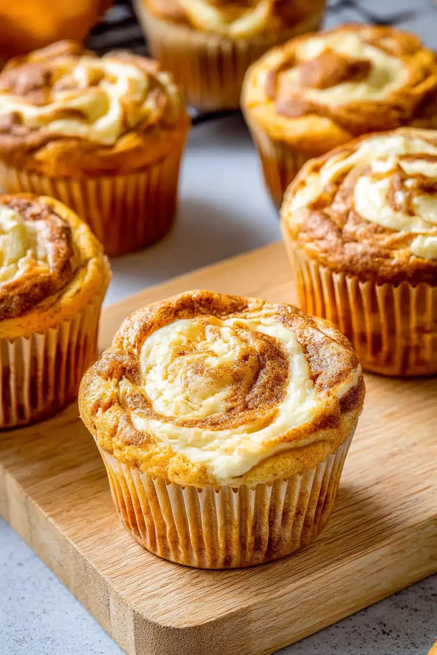 Pumpkin cream cheese muffins with creamy swirl tops on a wooden board over a white table
