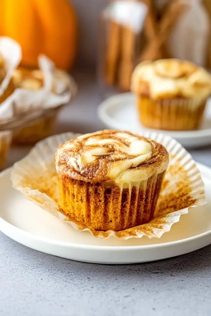 Pumpkin cream cheese swirl muffin on a white plate with creamy swirl and soft moist texture