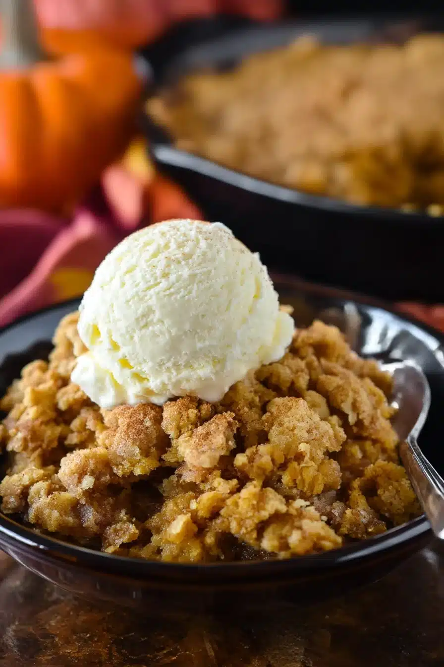 Pumpkin Crisp Recipe with golden streusel topping and vanilla ice cream in a rustic bowl