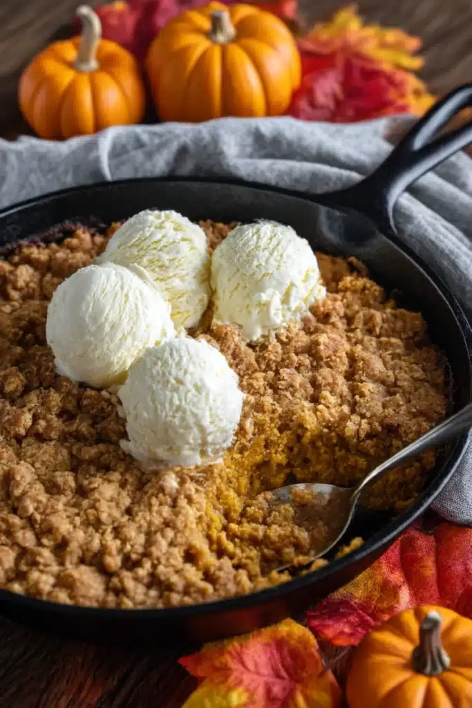 Pumpkin Crisp Recipe | Easy & Cozy Fall Dessert 7 Pumpkin Crisp Recipe in skillet with golden streusel and melting vanilla ice cream