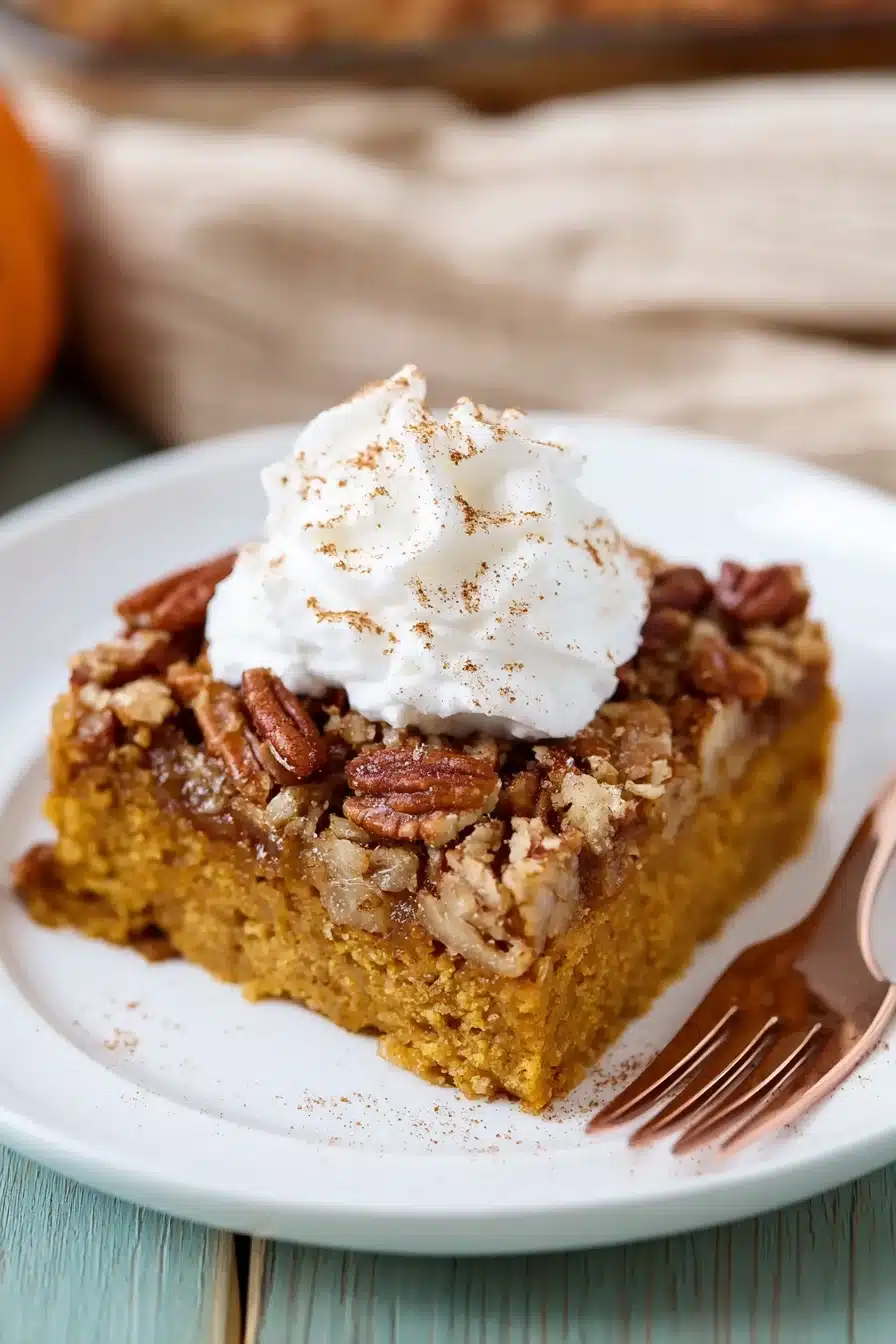 Slice of pumpkin crunch cake with whipped cream and pecan topping on a white plate
