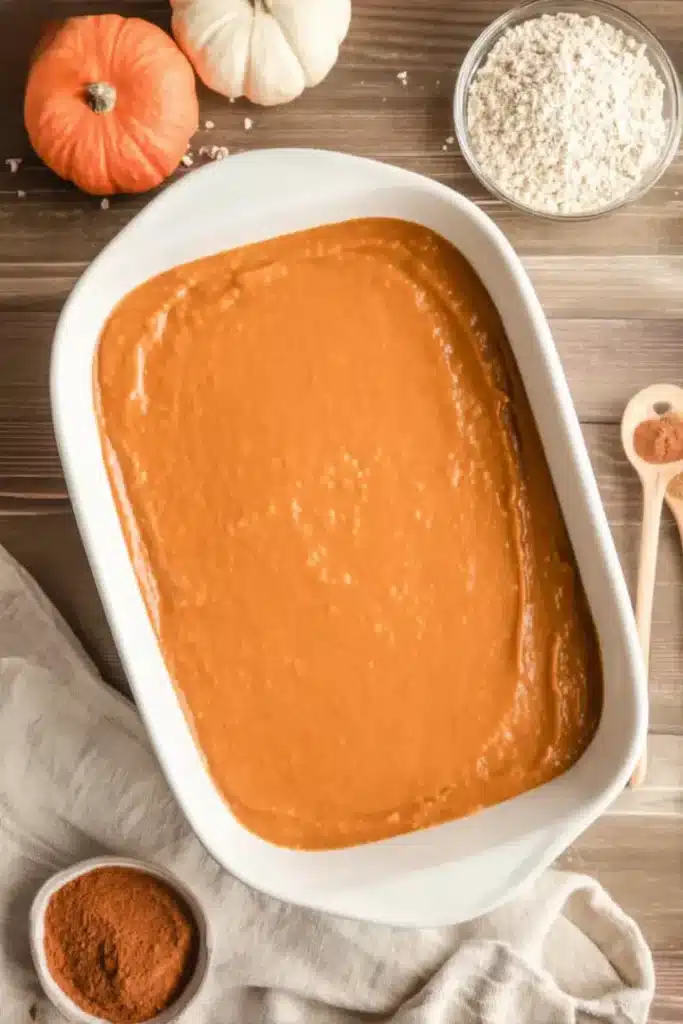 Overhead view of a white baking dish filled with smooth pumpkin batter ready for baking, styled with rustic autumn elements