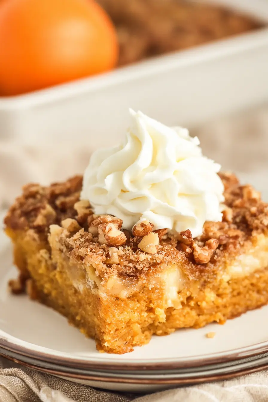 Close-up of a slice of pumpkin dump cake with crunchy walnut topping and whipped cream on top