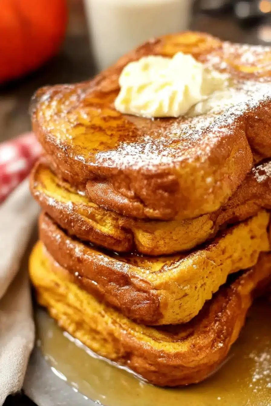 Stack of pumpkin French toast with melted butter, powdered sugar, and maple syrup on a plate