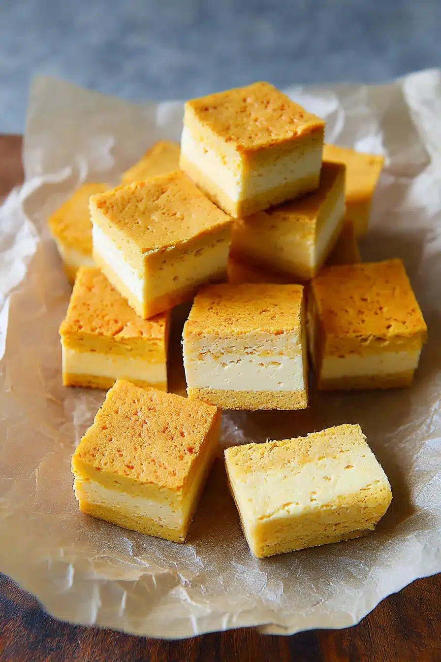 Pumpkin Magic Custard Cake squares showing three distinct layers on parchment paper