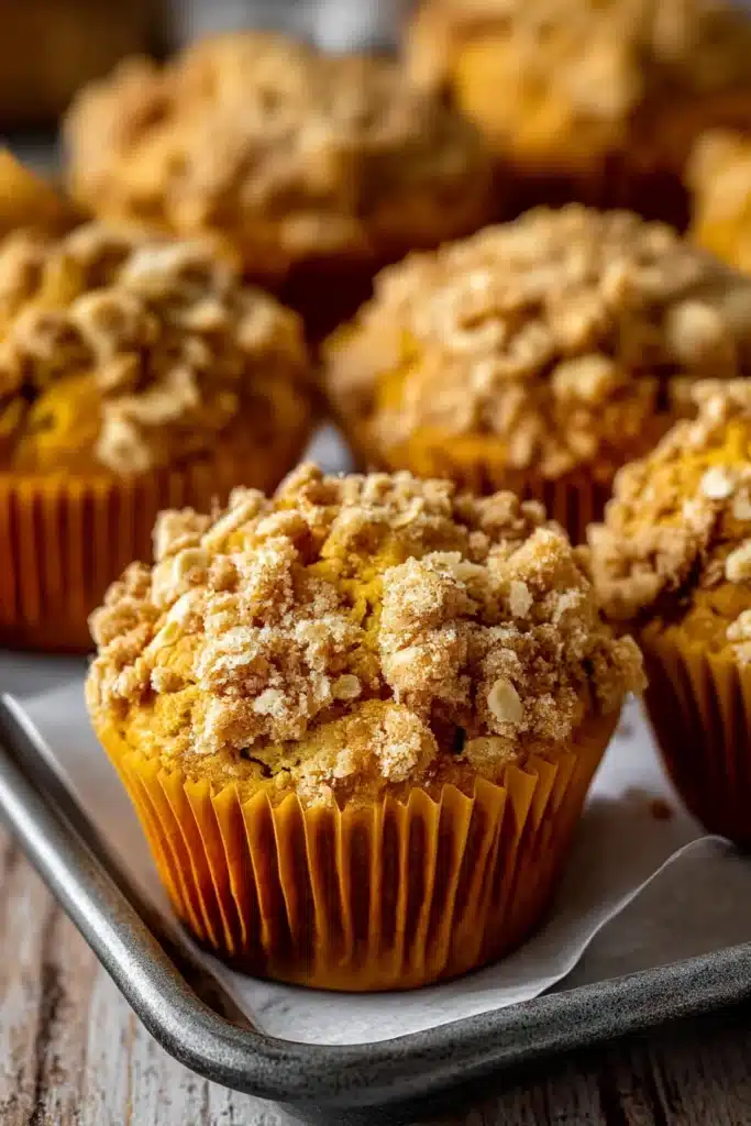 Close-up of pumpkin oatmeal muffins with oat streusel in a parchment-lined baking tray

