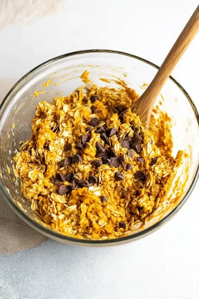 Bowl of pumpkin oat cookie dough mixed with oats and chocolate chips.