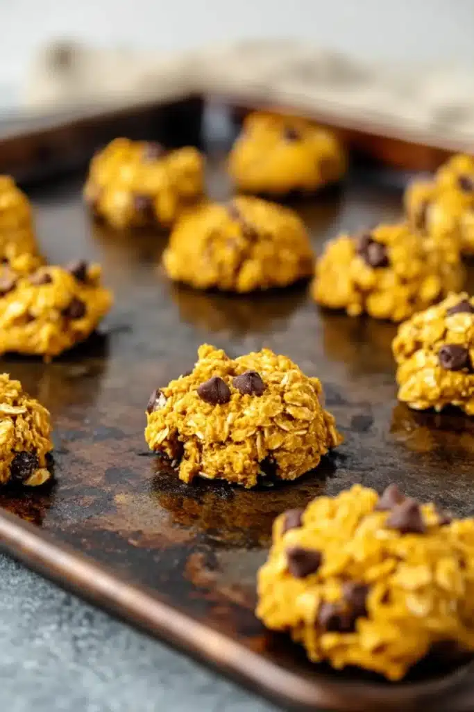 Scooped pumpkin oat cookie dough on a rustic baking sheet ready to bake.