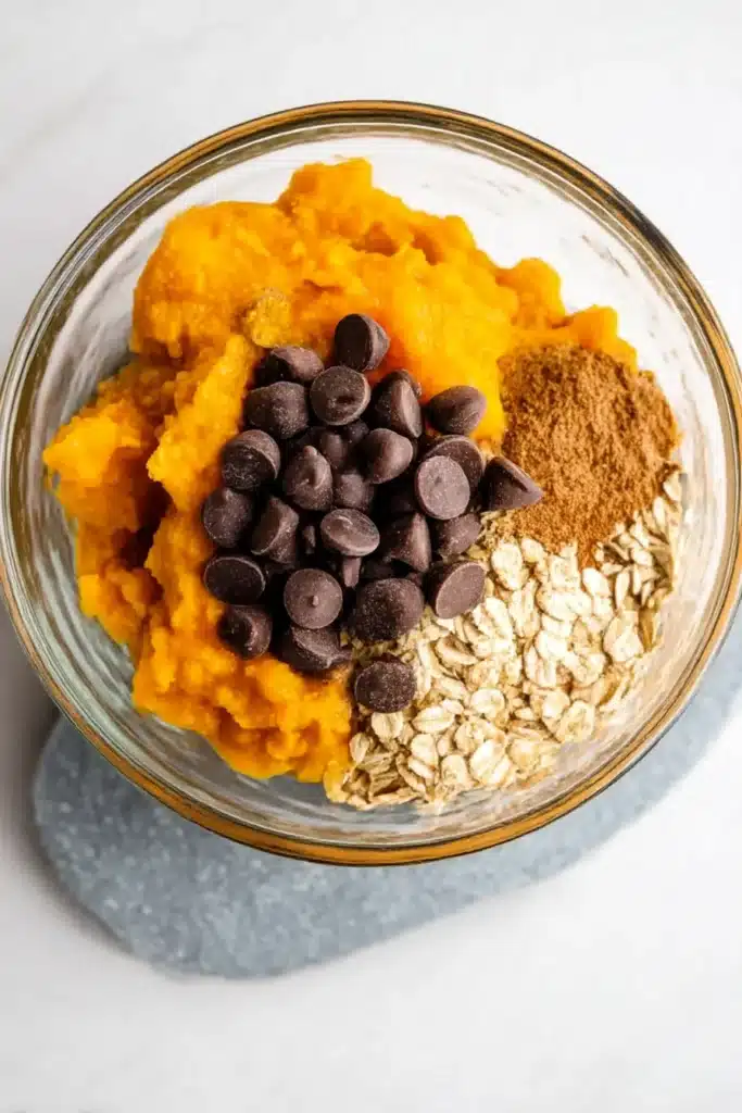 Bowl with pumpkin puree, oats, chocolate chips, and cinnamon ready for mixing.