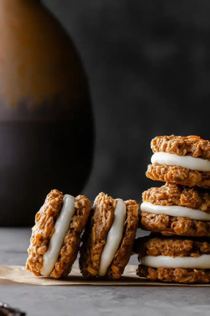 Pumpkin Oatmeal Cream Pies – Amazing Fall Dessert Treat 10 Pumpkin oatmeal cream pies with maple frosting lined up on a marble surface