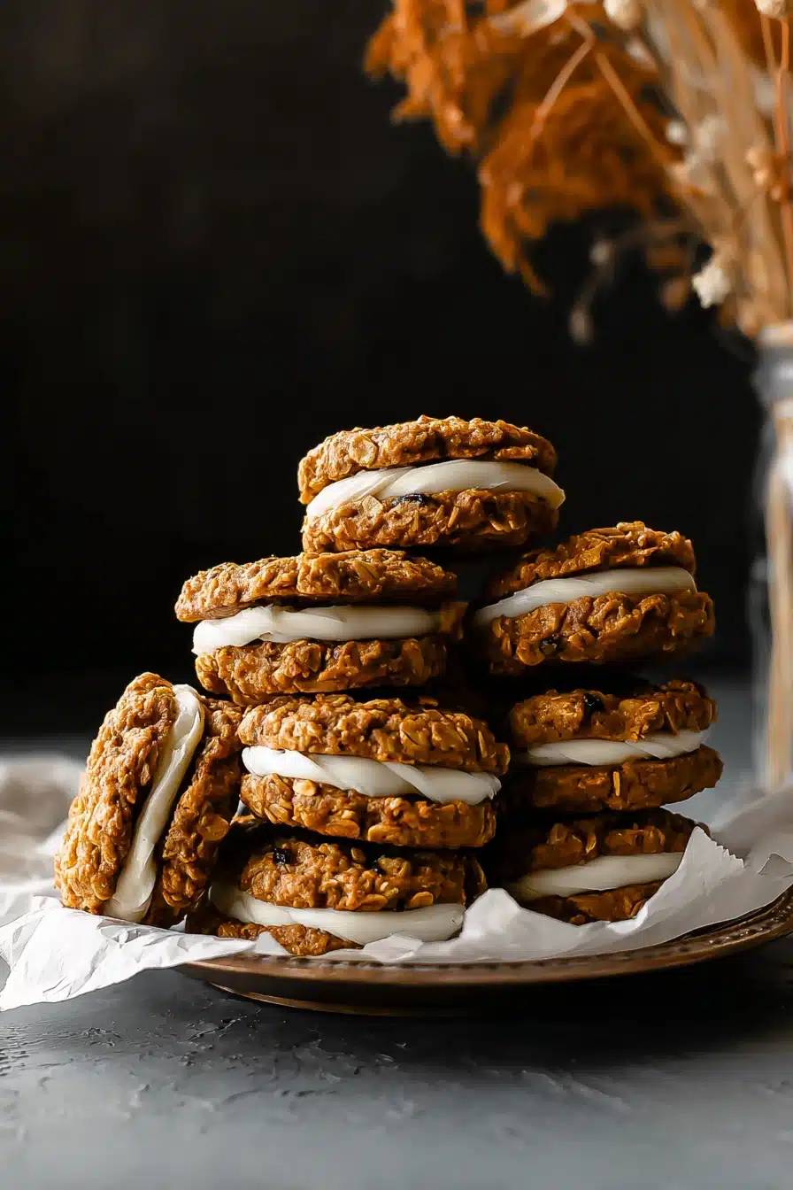 Stack of chewy pumpkin oatmeal cream pies with maple cream cheese filling on a vintage plate