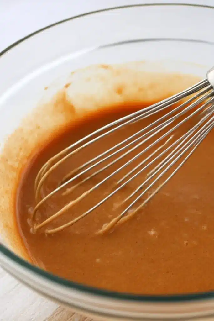 Smooth pumpkin batter in glass bowl with whisk on rustic wood surface.