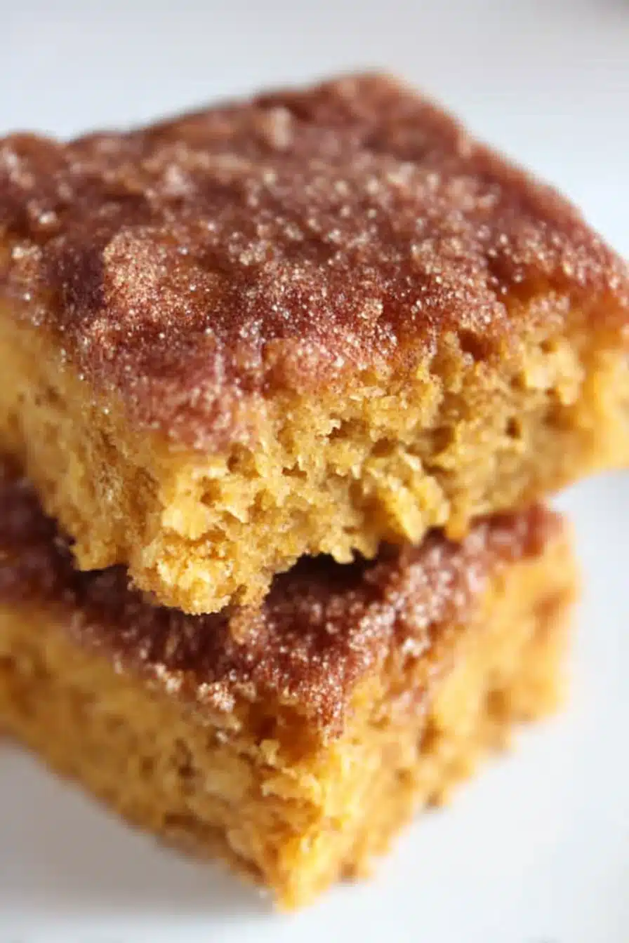 Close-up of pumpkin snickerdoodle snack cake slices with crunchy cinnamon sugar topping and moist pumpkin interior.