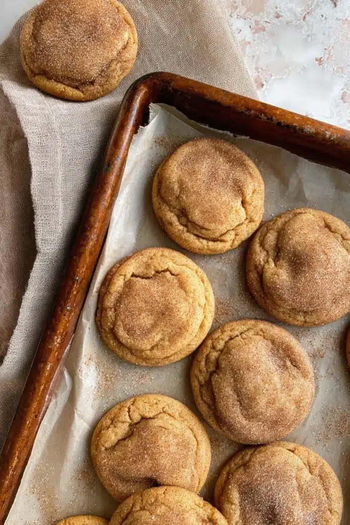 Overhead view of golden-brown pumpkin snickerdoodles arranged on a parchment-lined tray
