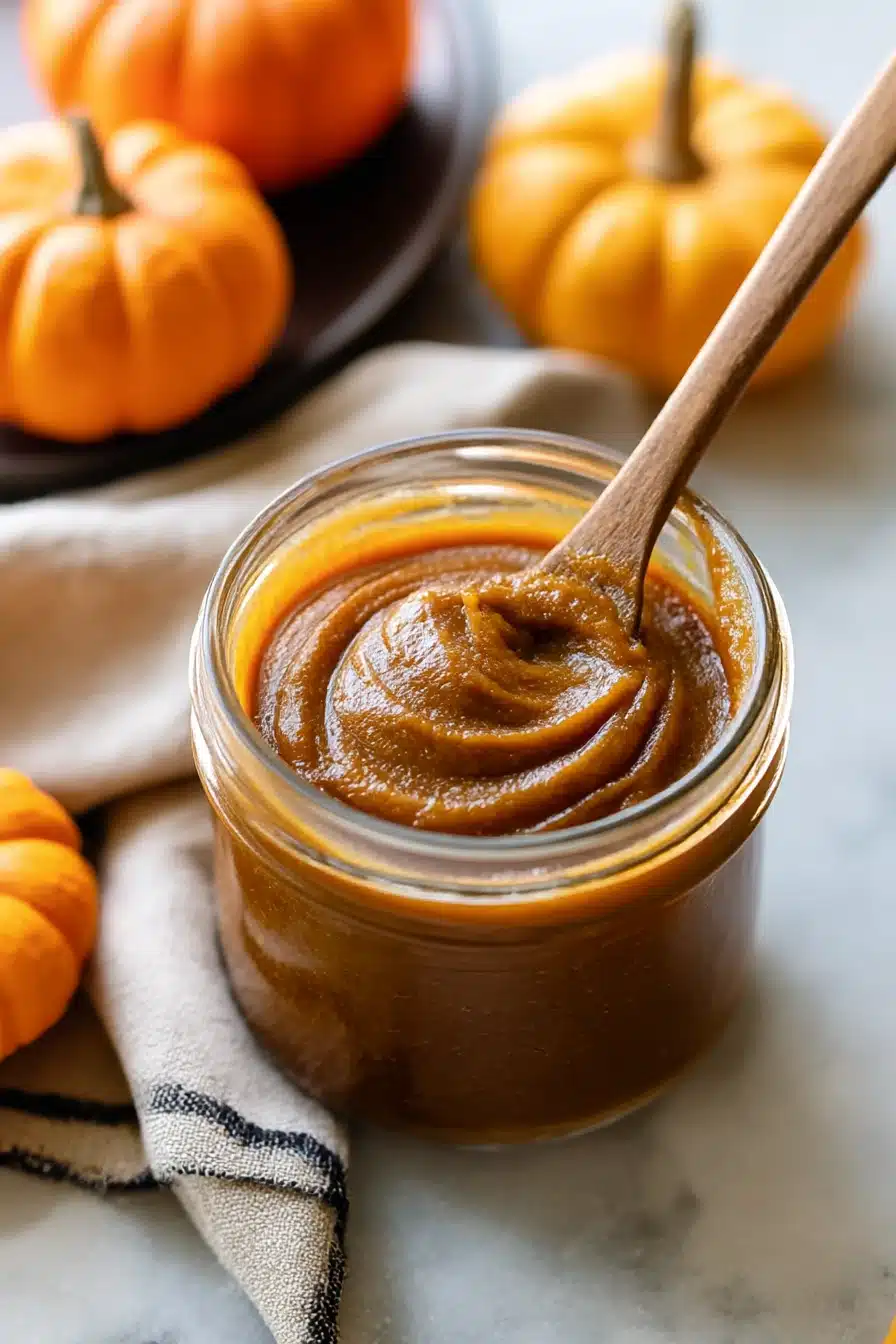 Quick and Easy Pumpkin Butter in a glass jar with a wooden spoon on a rustic surface