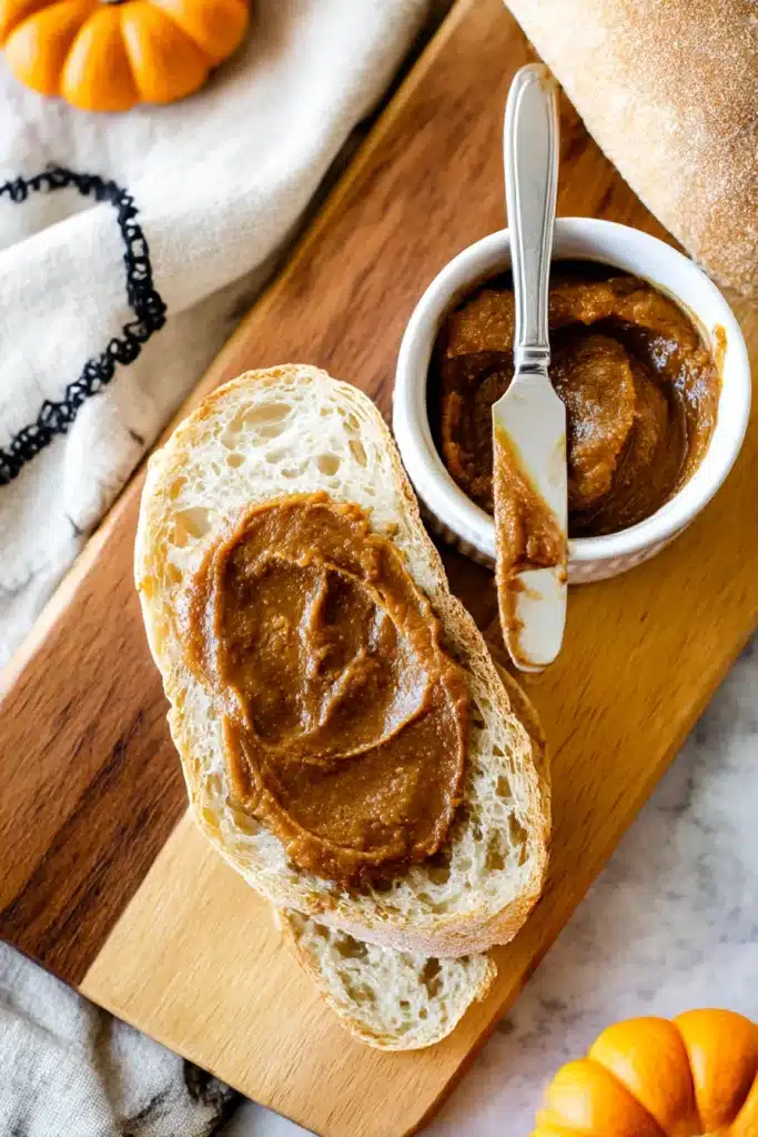Quick and Easy Pumpkin Butter spread on artisan bread with a bowl of butter and knife on a wooden board