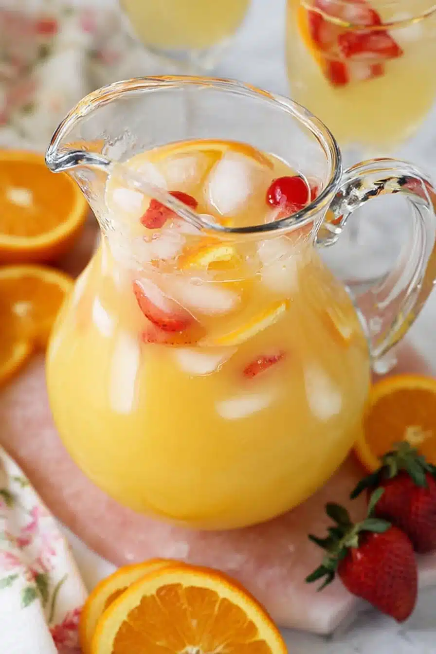 Glass pitcher of breakfast punch with citrus slices, ice cubes, and strawberries on a pastel surface