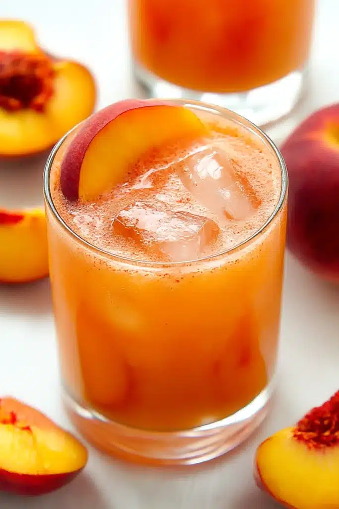 Fresh Peach Margaritas served in a glass with ice, peach garnish, and sliced peaches on a pale wood background