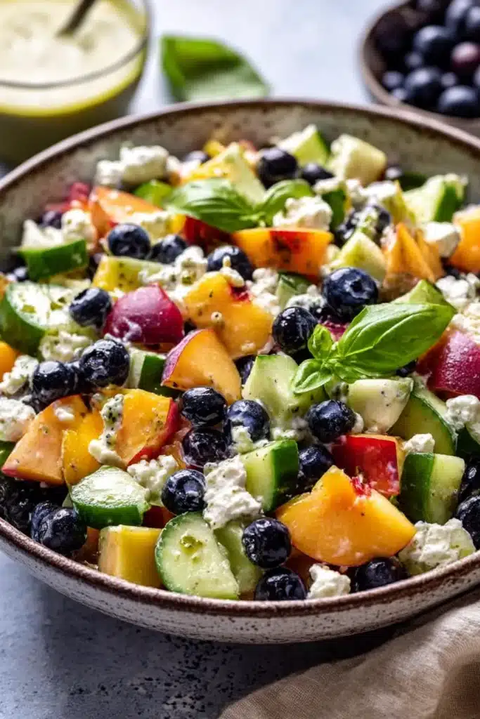 Blueberry Peach Feta Salad with fresh basil, feta crumbles, and cucumbers in a ceramic bowl