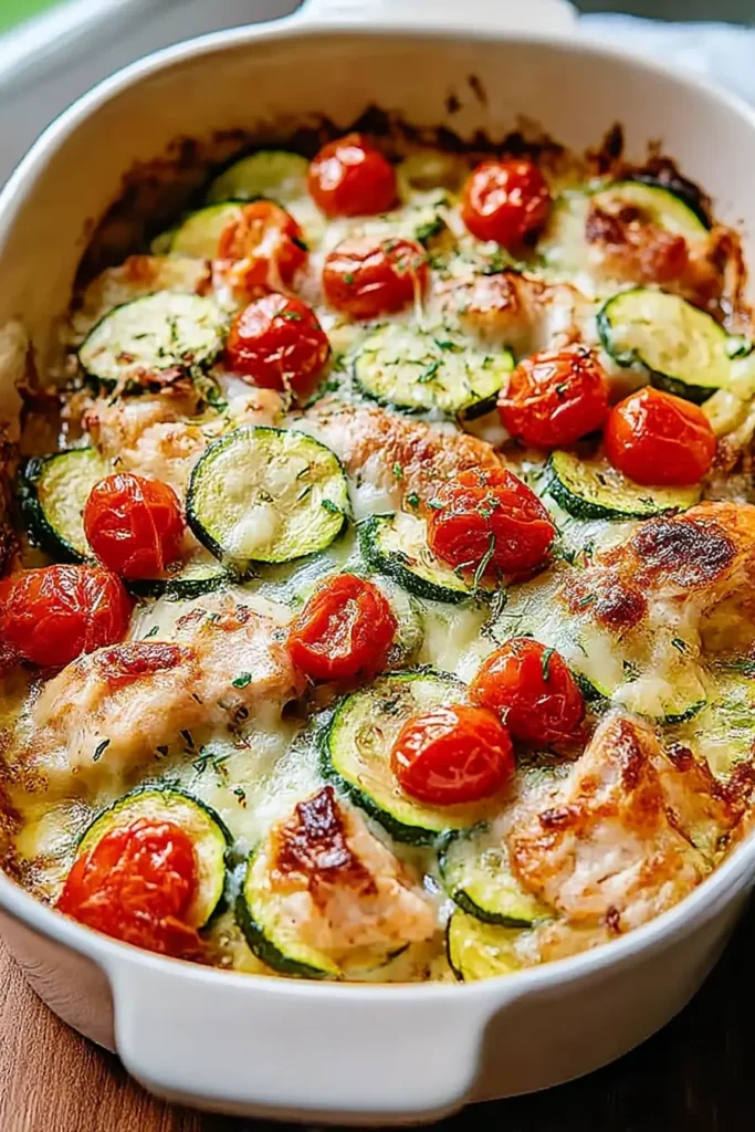 Top view of Mediterranean chicken zucchini bake with roasted tomatoes, zucchini slices, and golden melted cheese in a rustic ceramic dish.