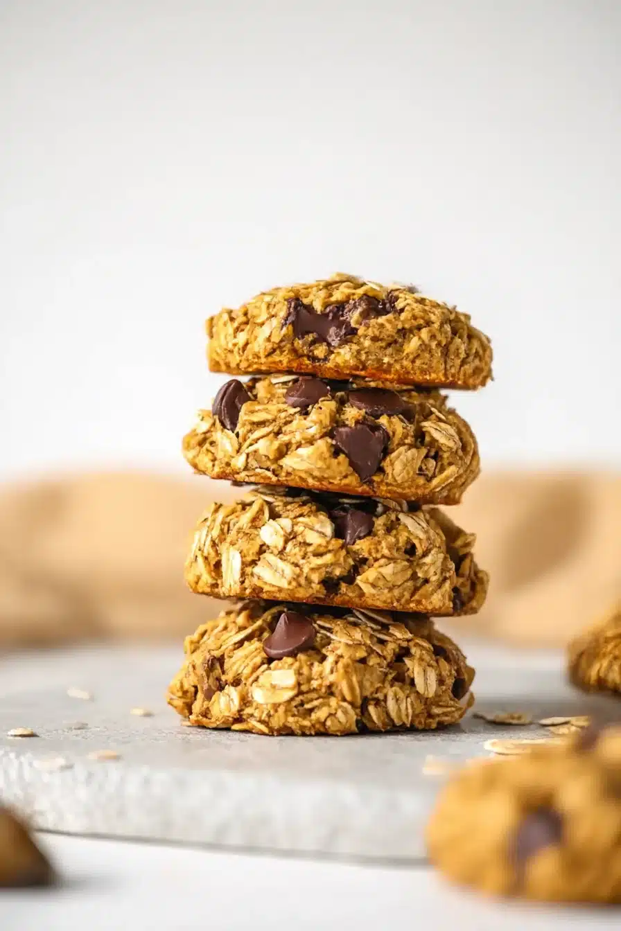 Stack of four rustic pumpkin oat cookies with oats and chocolate chips on a light background.